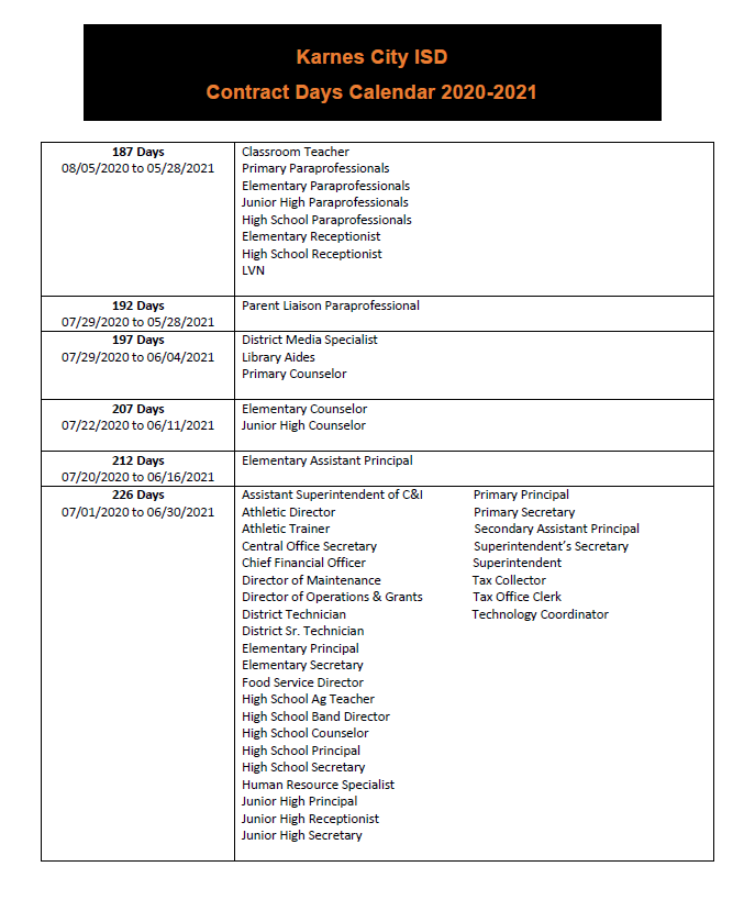 Human Resources / Contract Days Calendar